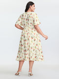 Floral Print Wrap Neckline Pockets Midi Dress