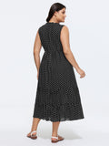 Polka Dots Notched Drawstring Collar Midi Dress