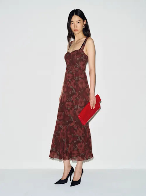 Reformation  Irisa Floral Print Midi Dress in Barcelona Border