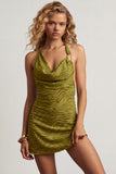 Devoré Cowl A-Line Mini Dress in Olive Green