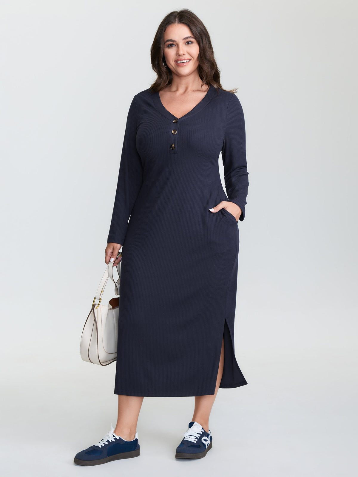 Supersoft Textured Fitted Side Hem Midi Dress