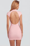 Jersey Turtleneck Ruched Backless Mini Dress in Pink
