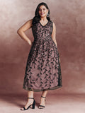 Sequin Embroidery Color Contrast V-Neck Midi Dress
