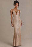 Embellished Plunge-Neck Open-Back Gown in Sand