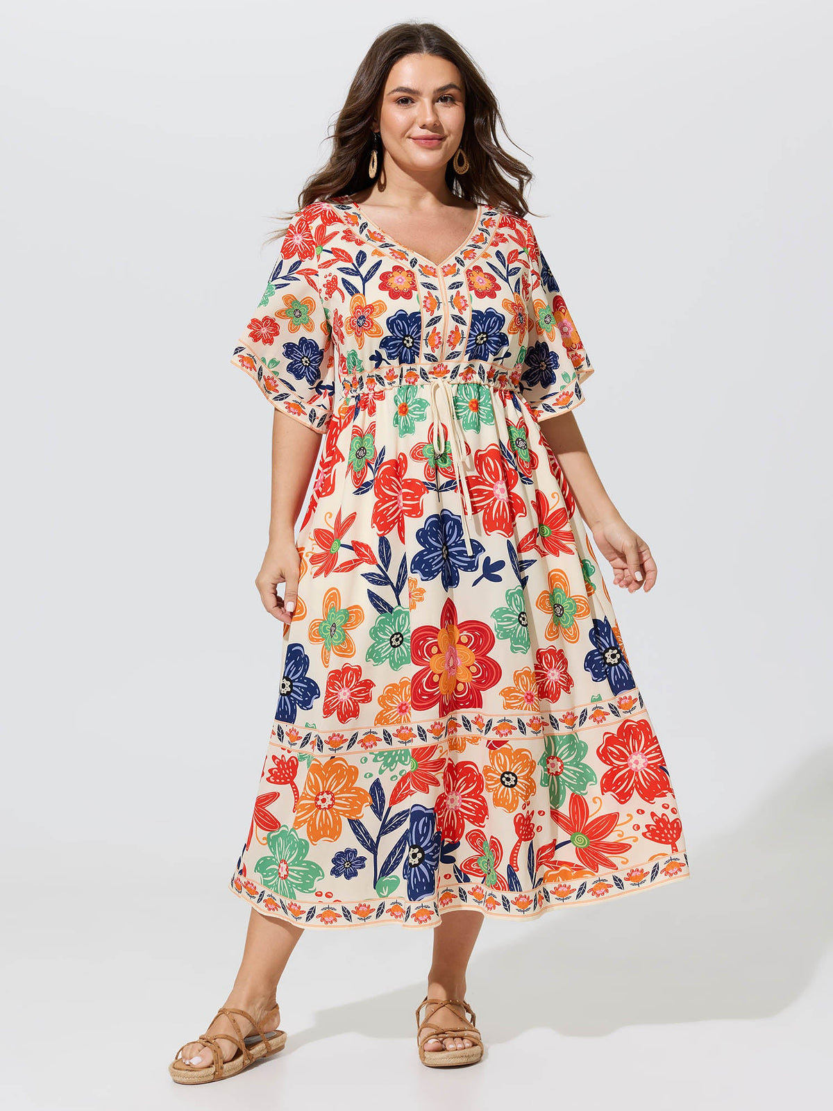 Floral Print Drawstring Waist Tiered Midi Dress