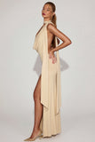 Soft-Jersey Plunge Halterneck Maxi Dress in Champagne