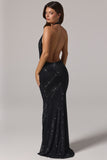 Embellished Cowl-Neck Backless Gown in Black