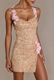 Embellished Open-Back Mini Dress in Gold