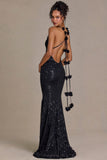 Embellished Plunge Open-Back Gown in Black