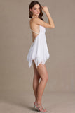 Chiffon Plunge-Neck Open-Back Mini Dress in Snow