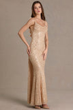 Embellished Open-Back Maxi Dress in Gold