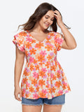Stretchy Floral Print Ruffled Sleeve Knit Top