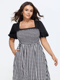Cotton Gingham Print Color Contrast Midi Dress