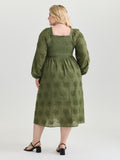 Textured Embroidery Shirred Square Neckline Midi Dress