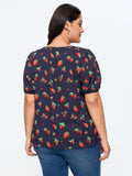 Strawberry Print V Neck Bubble Sleeve Blouse