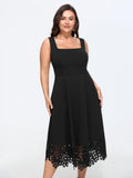 Stretchy Square Neck Floral Laser Cut Hem Midi Dress