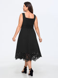 Stretchy Square Neck Floral Laser Cut Hem Midi Dress