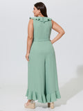 Ruffled Neckline Waist-Tie Wide-Leg Jumpsuit