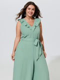 Ruffled Neckline Waist-Tie Wide-Leg Jumpsuit