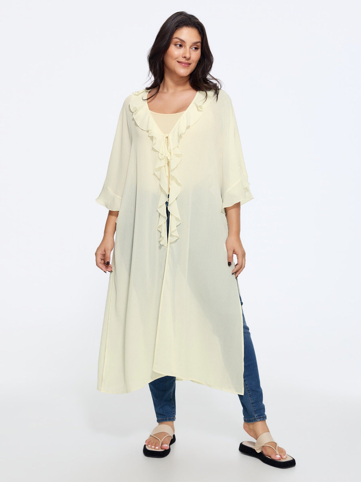 Breathable Ruffle Trim Long Cover Up