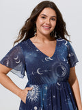Stretchy Star Moon Print Tiered Ruffle Hem Midi Dress