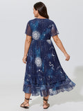 Stretchy Star Moon Print Tiered Ruffle Hem Midi Dress
