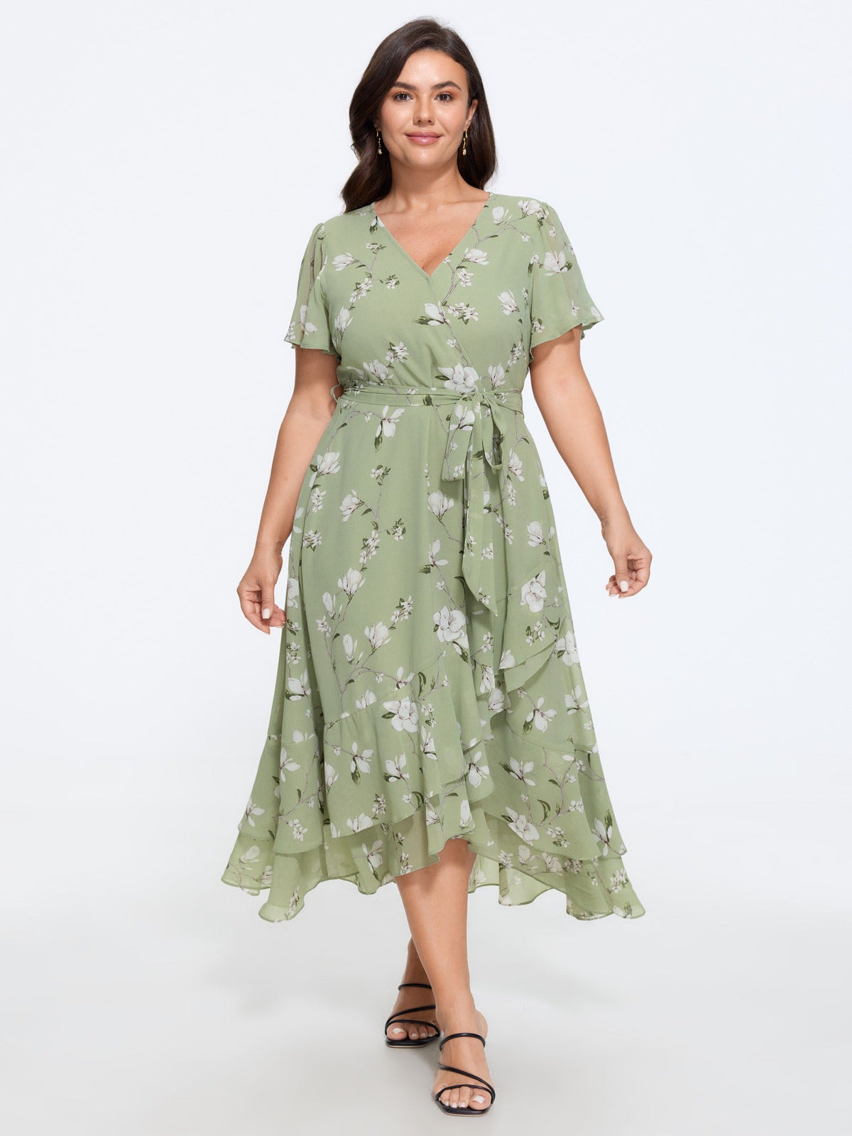 Floral Print Ruffle Wrap Tie Midi Dress