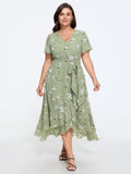 Floral Print Ruffle Wrap Tie Midi Dress