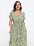 Floral Print Ruffle Wrap Tie Midi Dress