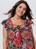 Vibrant Floral Print Flutter Sleeve Blouse