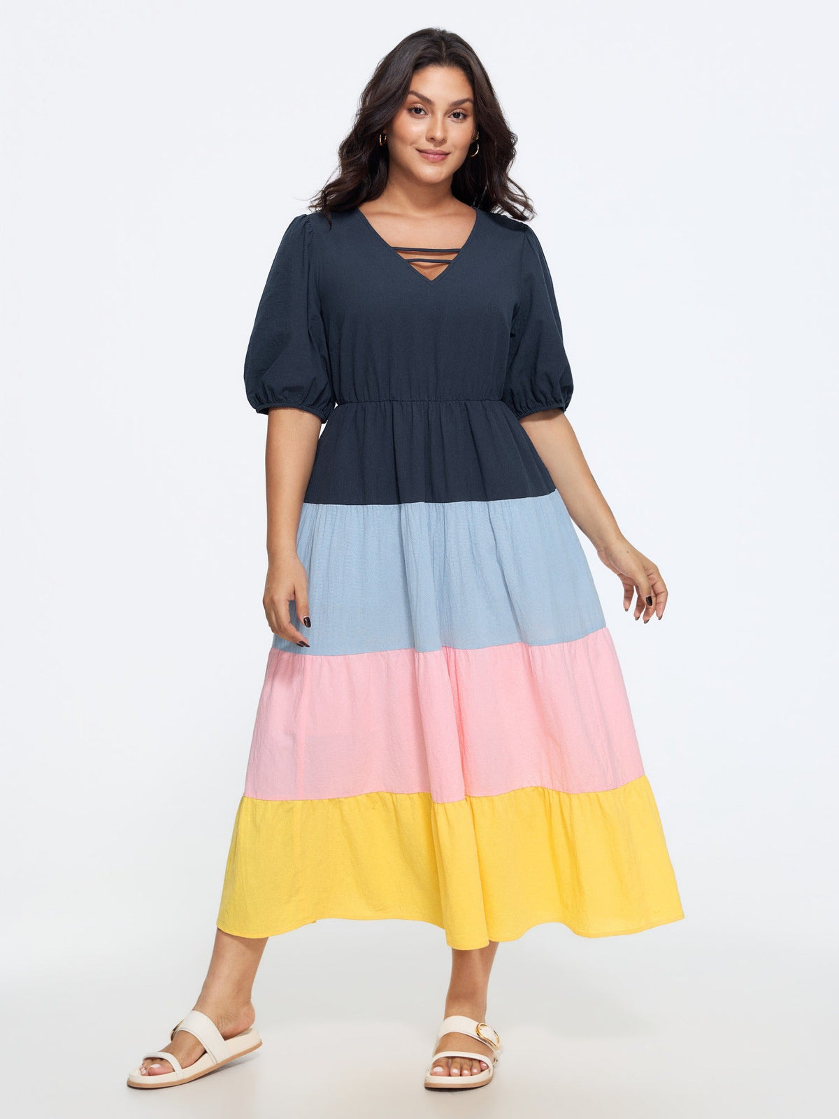 Cotton Color Block Tiered Maxi Dress
