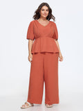 Linen Blend Textured V-Neck Plain Peplum Blouse
