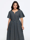 Plaid Print V Neck Ruched Side Pocket Midi Dress