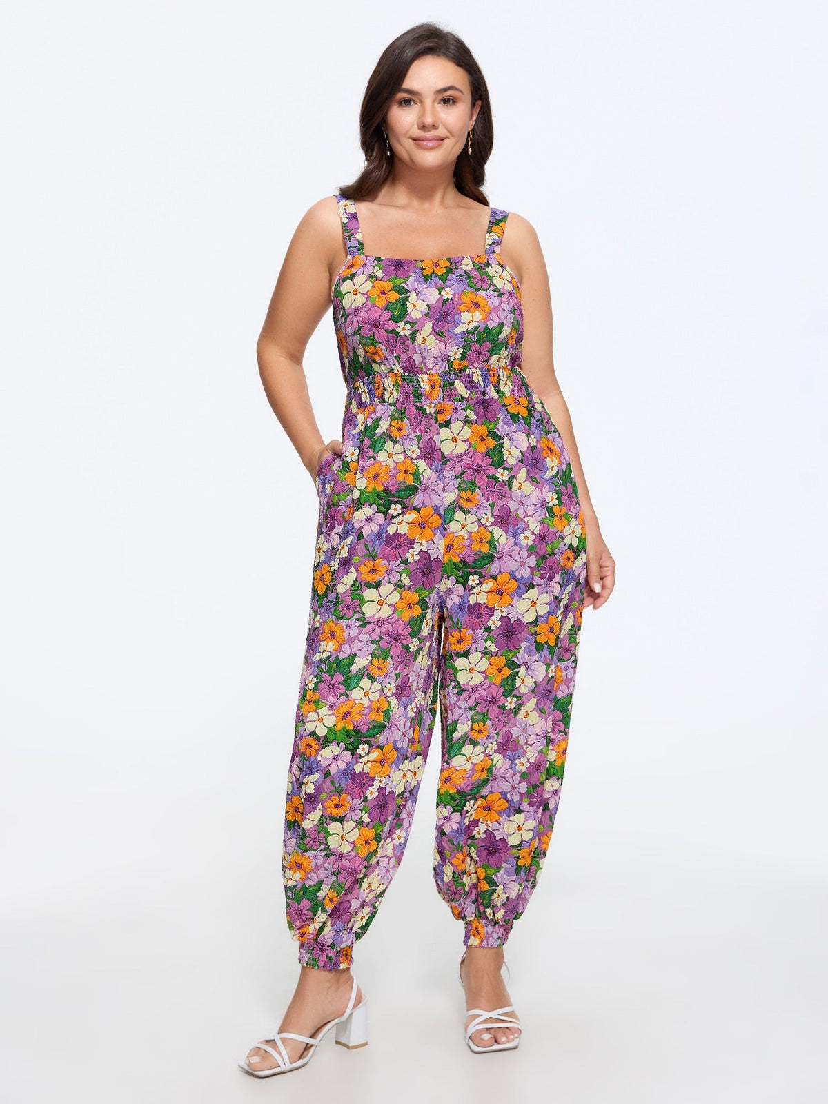 Multi Floral Print Shirred Waist Jogger Jumpsuit