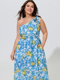 Cotton Lemon Baroque Print One Shoulder Midi Dress