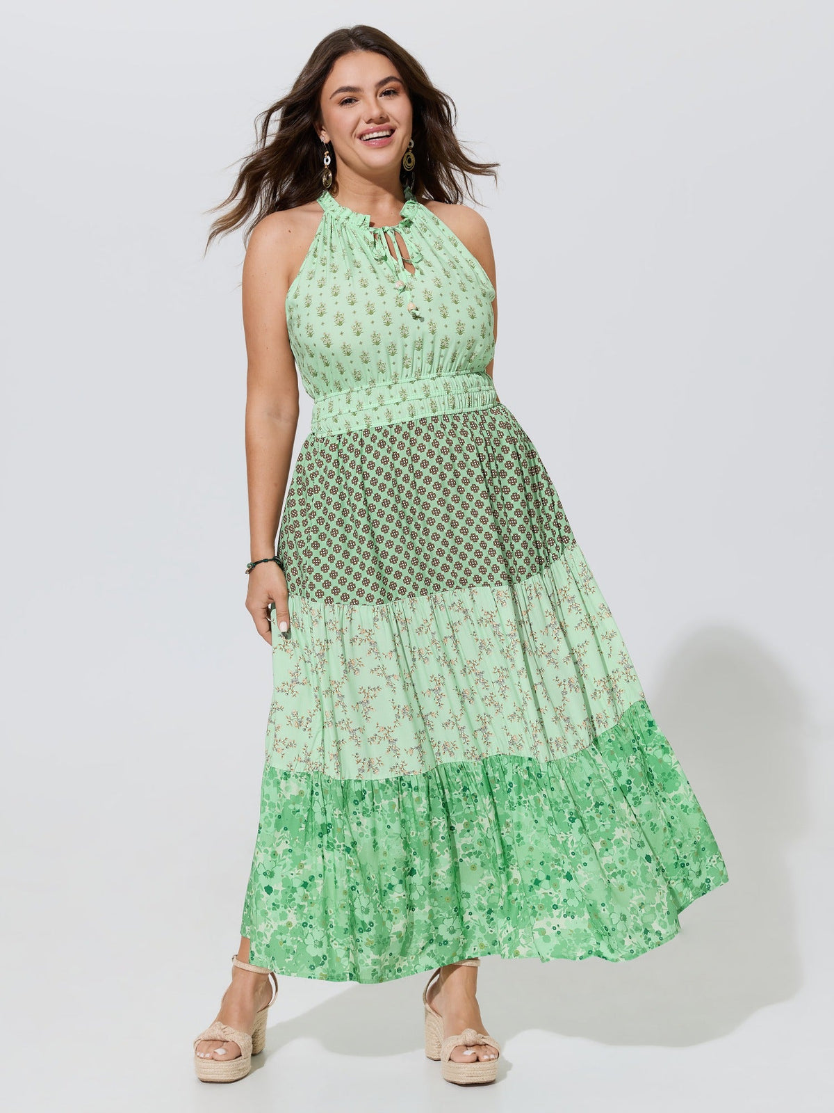 Supersoft Mixed Floral Color Contrast Tiered Maxi Dress