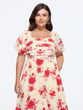 Floral Print Puff Sleeve Ruched Tiered Midi Dress