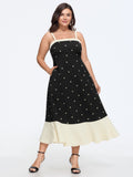 Polka Dot Color Block Hem Shirred Midi Dress