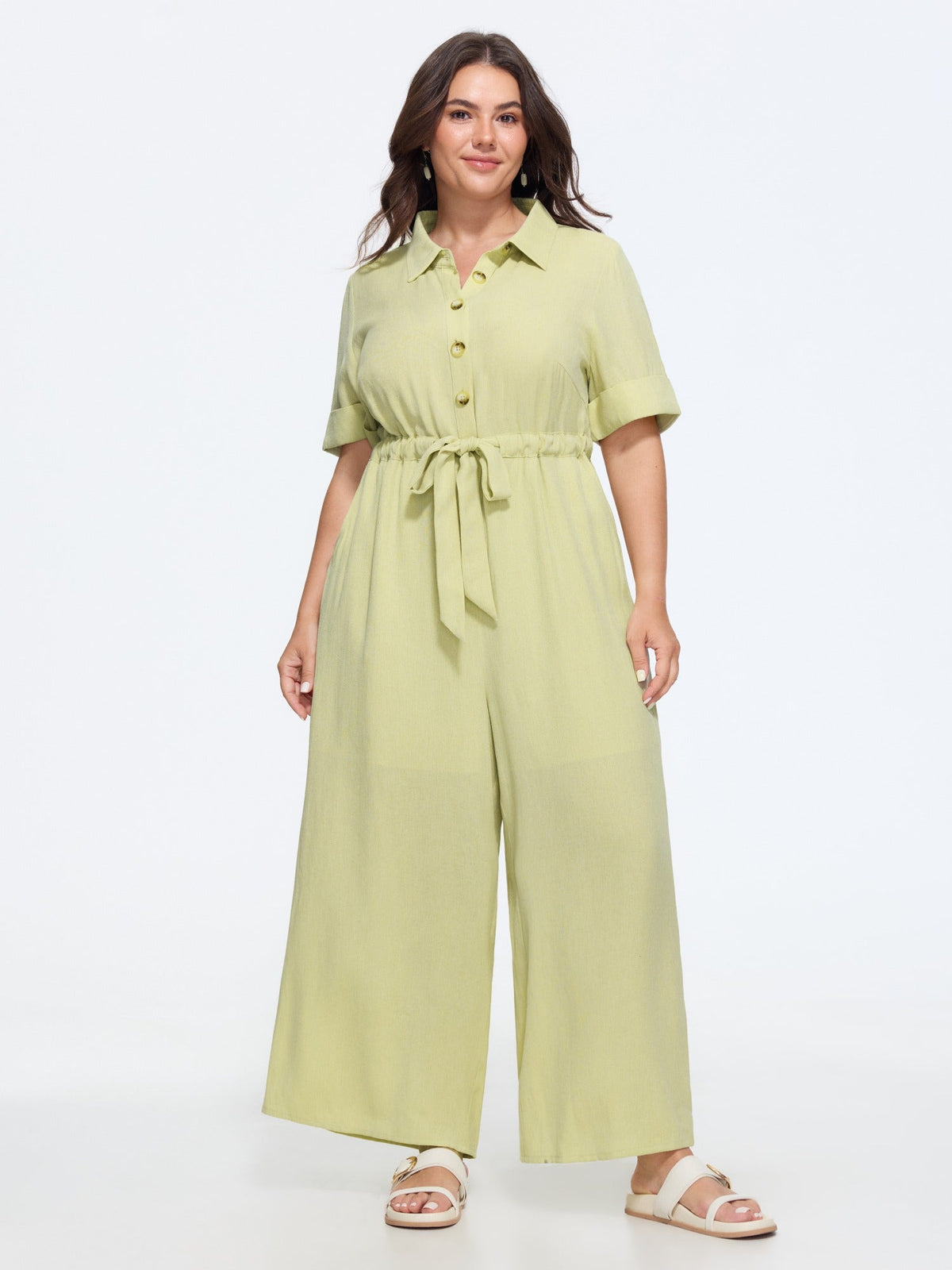 Button Front Drawstring Waist Wide Leg Jumpsuit