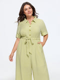 Button Front Drawstring Waist Wide Leg Jumpsuit