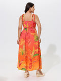 Tropical Leaf Print Shirred Tie Shoulder Maxi Dress