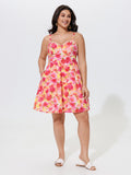 Cotton Watercolor Floral Print Lace Trim Mini Dress
