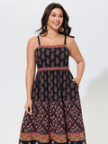Vintage Paisley Print Shirred Midi Dress