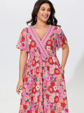 Supersoft Colorful Floral Print V Neck Ruffle Sleeve Midi Dress