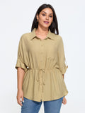 Roll Tab Sleeve Drawstring Waist Blouse