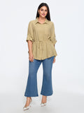 Roll Tab Sleeve Drawstring Waist Blouse