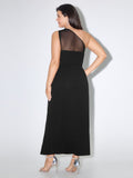 Solid One Shoulder Mesh Sheer Slit Midi Dress