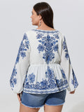 Porcelain Floral Print V Neck Chiffon Blouse