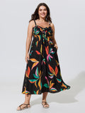 Supersoft Leaf Print Drawstring Shirred Midi Dress