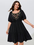 Floral Embroidered Neckline Tiered Mini Dress